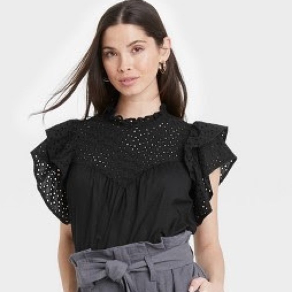 Women’s Flutter Short Sleeve Eyelet Top - A New Day - Black Medium